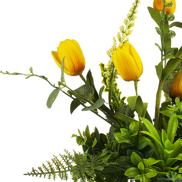Yellow Silk Tulip Flower and Mixed Greenery in Clear Glass Vase with Faux Water