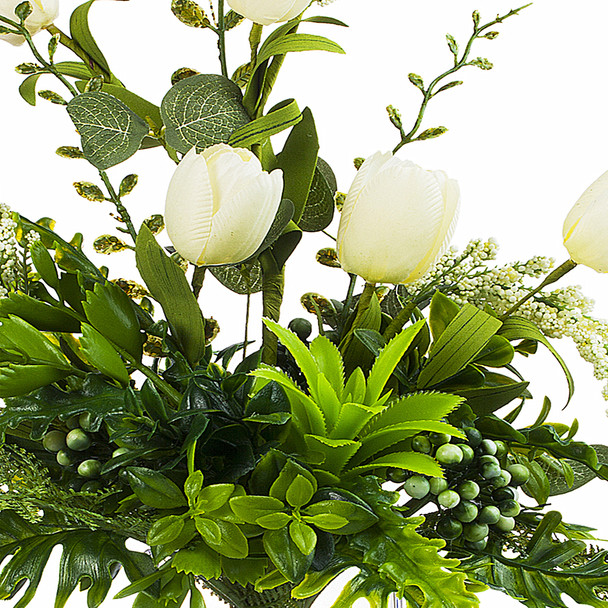 Silk Tulip Flower and Mixed Greenery in Clear Glass Vase with Faux Water