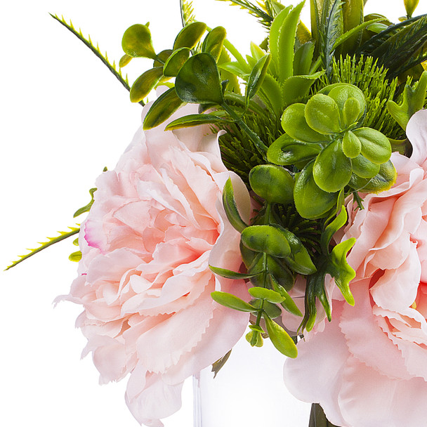 3 Large Pink Silk Peony Flower with Mixed Eucalyptus Greenery in Clear Glass Vase