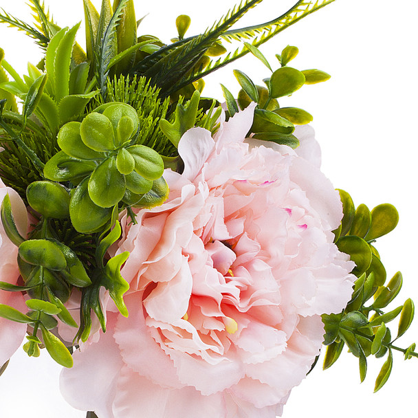 3 Large Pink Silk Peony Flower with Mixed Eucalyptus Greenery in Clear Glass Vase