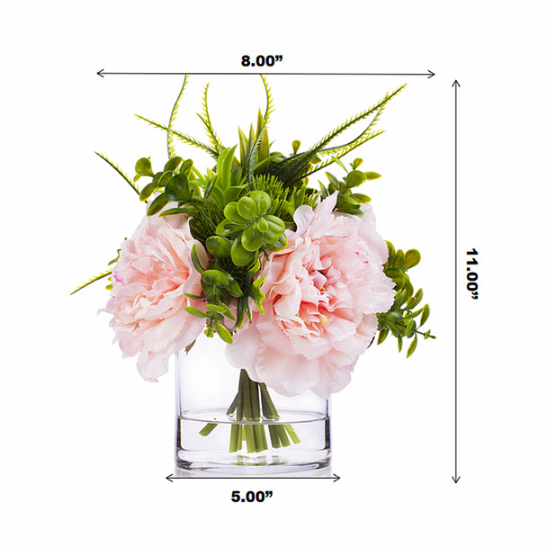3 Large Pink Silk Peony Flower with Mixed Eucalyptus Greenery in Clear Glass Vase
