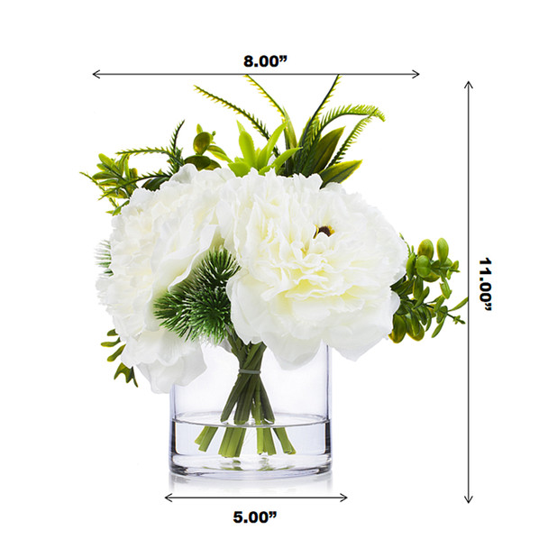 3 Large Cream Silk Peony Flower with Mixed Eucalyptus Greenery in Clear Glass Vase
