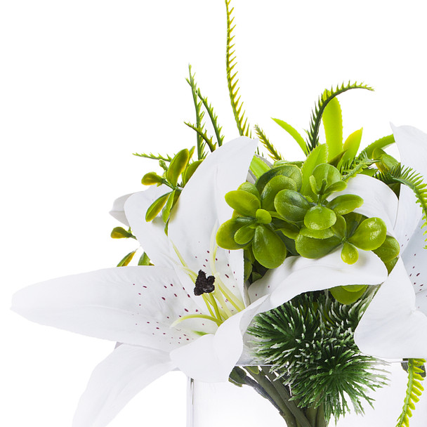 3 large White Real Touch Tiger Lily with Mixed Greenery in Clear Glass Vase 3 large White Real Touch Tiger Lily with Mixed Greenery in Clear Glass Vase