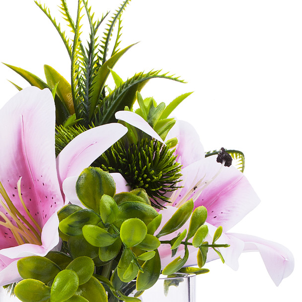 3 large  Pink Real Touch Tiger Lily with Mixed Greenery in Clear Glass Vase