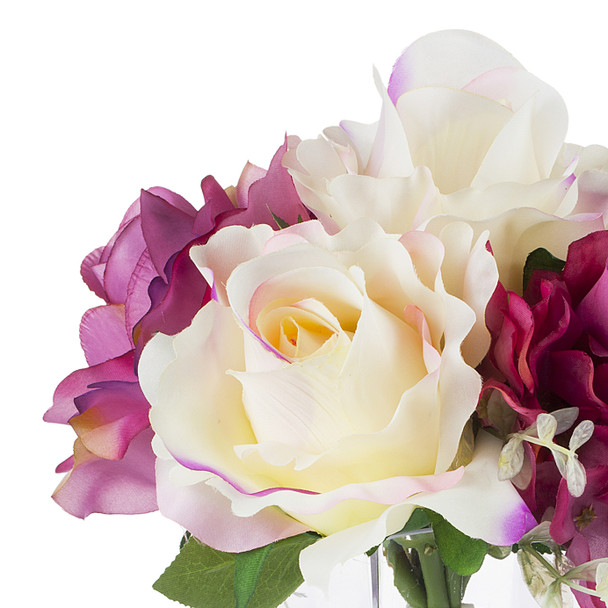Purple Cream Silk Rose and Hydrangea Flower Arrangement in Glass Vase With Faux Water Purple Cream Silk Rose and Hydrangea Flower Arrangement in Glass Vase With Faux Water