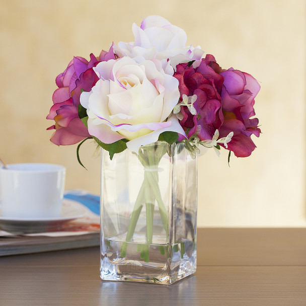 Purple Cream Silk Rose and Hydrangea Flower Arrangement in Glass Vase With Faux Water Purple Cream Silk Rose and Hydrangea Flower Arrangement in Glass Vase With Faux Water