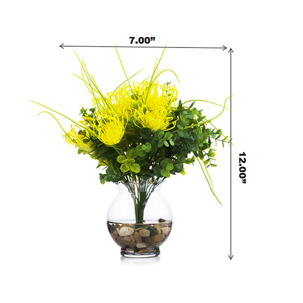 Artificial Yellow Peony Flower and Eucalyptus Grass  in Clear Glass Vase With Faux Water 