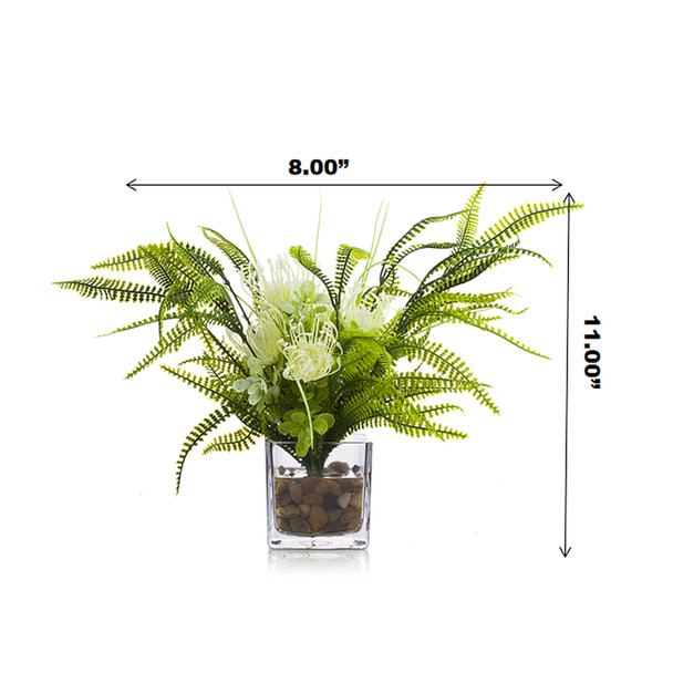 Artificial Cream Peony Flower and Fern Grass in Clear Glass Vase With Faux Water Artificial Cream Peony Flower and Fern Grass in Clear Glass Vase With Faux Water