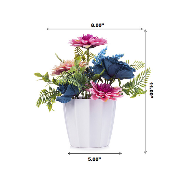  Artificial Peony and Dahlia Flower Arrangement  in White Pot (Pink Blue)