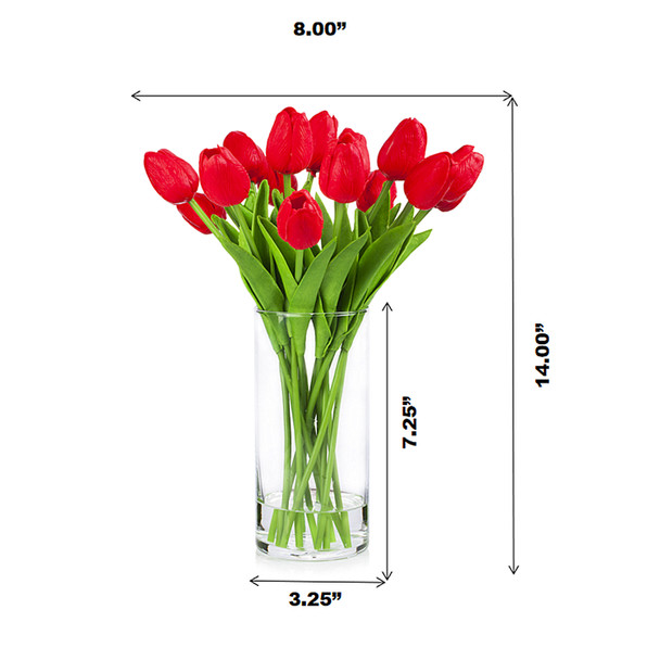 Artificial Real Touch Tulips Flower Arrangement in Clear Glass Vase With Faux Water(Red)