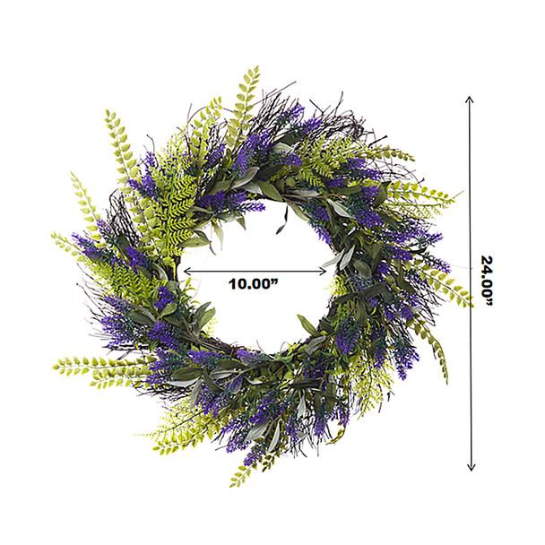 24" Artificial Lavender Flower  Wreath with Green Leaves for Festival Celebration Front Door Wall Window Party Decoration
