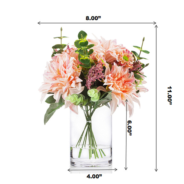 Mixed Artificial Dahlia Flower and Eucalyptus Grass Arrangement in Clear Glass Vase With Faux Water(Pink) Mixed Artificial Dahlia Flower and Eucalyptus Grass Arrangement in Clear Glass Vase With Faux Water(Pink)