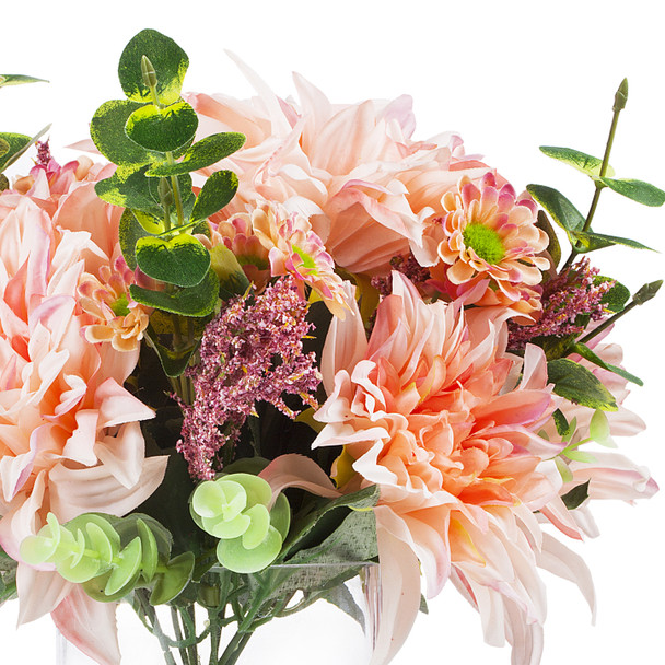Mixed Artificial Dahlia Flower and Eucalyptus Grass Arrangement in Clear Glass Vase With Faux Water(Pink) Mixed Artificial Dahlia Flower and Eucalyptus Grass Arrangement in Clear Glass Vase With Faux Water(Pink)