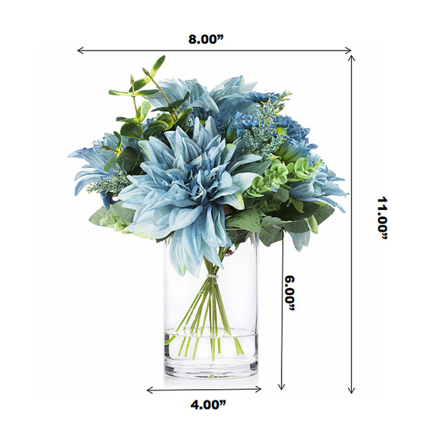 Mixed Artificial Dahlia Flower and Eucalyptus Grass Arrangement in Clear Glass Vase With Faux Water(Blue)