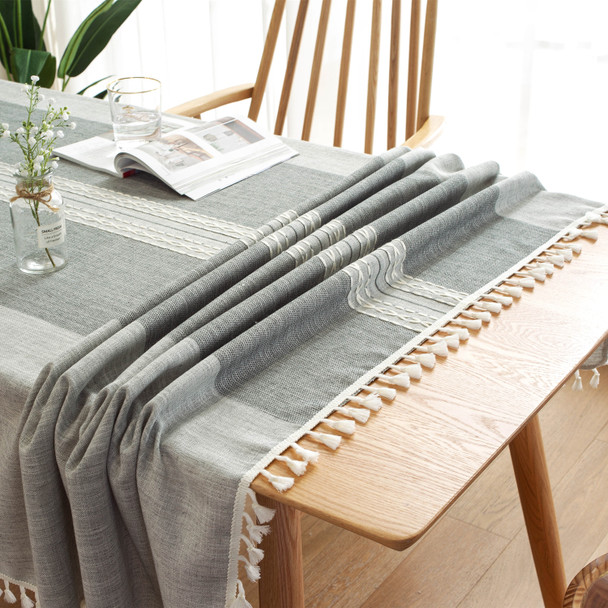  Light Grey High Quality Rectangle Cotton and Linen Tablecloth with Tassels