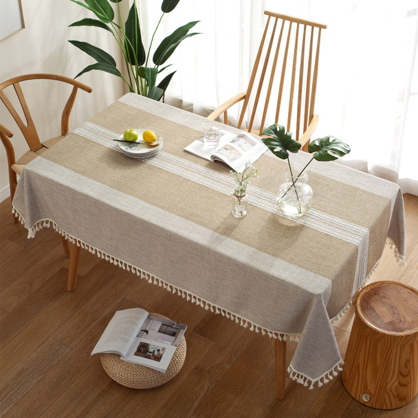 Brown High Quality Rectangle Cotton and Linen Tablecloth with Tassels