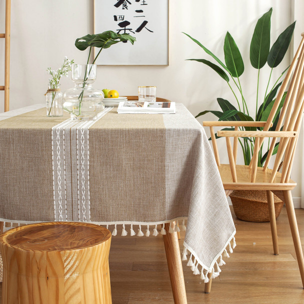 Brown High Quality Rectangle Cotton and Linen Tablecloth with Tassels