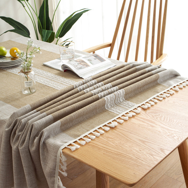 Brown High Quality Rectangle Cotton and Linen Tablecloth with Tassels