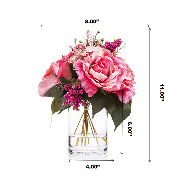  Mixed Artificial Silk Rose Flower  Arrangement in Clear Glass Vase With Faux Water(Fuchsia Pink)