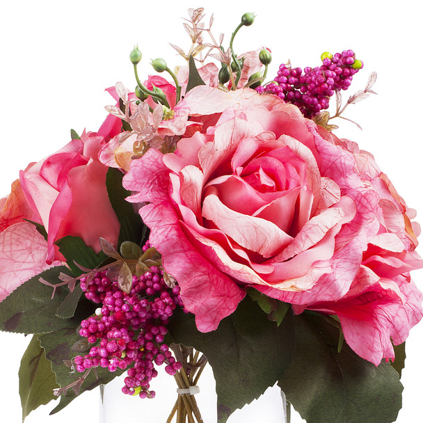  Mixed Artificial Silk Rose Flower  Arrangement in Clear Glass Vase With Faux Water(Fuchsia Pink)
