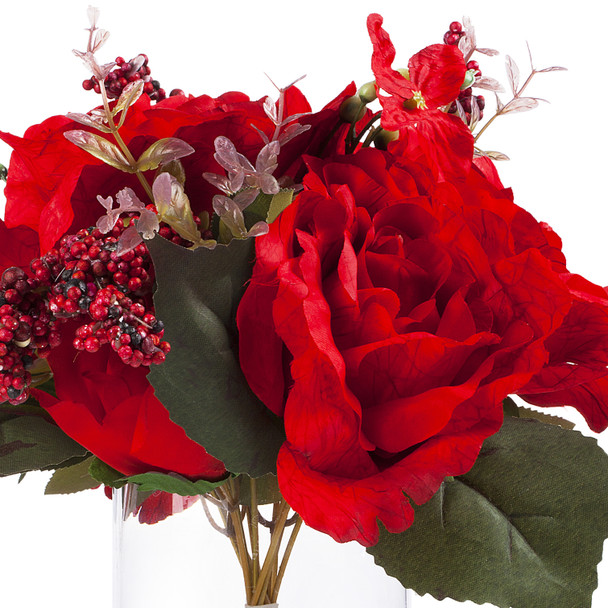 Mixed Artificial Silk Rose Flower Arrangement in Clear Glass Vase With Faux Water(Red) Mixed Artificial Silk Rose Flower Arrangement in Clear Glass Vase With Faux Water(Red)
