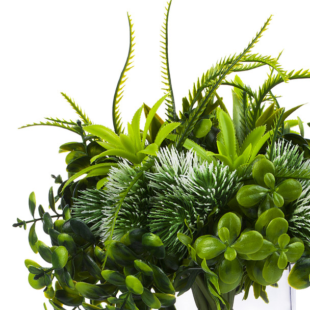 Mixed Artificial Boxwood Grass Arrangement  in Clear Glass Vase(White)