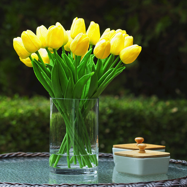  20 Pieces Artificial Real Touch Tulips Flower Arrangement in  Glass Vase With Faux Water(Yellow)