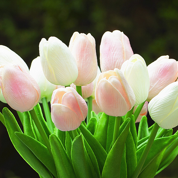 20 Pieces Artificial Real Touch Tulips Flower Arrangement in  Glass Vase With Faux Water(White Pink)