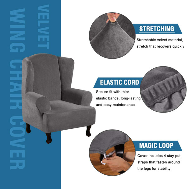Super Stretch Velvet Slip Resistant Stylish Wingback Chair Slipcover with Elastic Bottom(Grey) Super Stretch Velvet Slip Resistant Stylish Wingback Chair Slipcover with Elastic Bottom(Grey)
