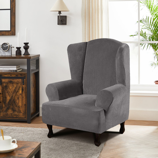 Super Stretch Velvet Slip Resistant Stylish Wingback Chair Slipcover with Elastic Bottom(Grey) Super Stretch Velvet Slip Resistant Stylish Wingback Chair Slipcover with Elastic Bottom(Grey)