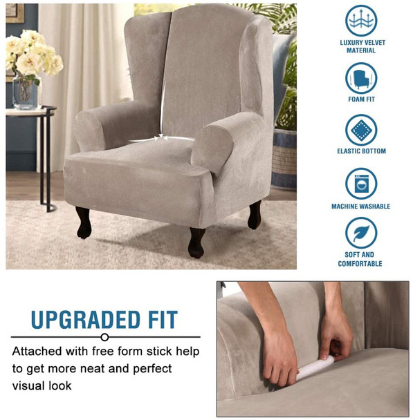 Super Stretch Velvet Slip Resistant Stylish Wingback Chair Slipcover  with Elastic Bottom(Taupe)
