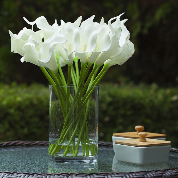 20 Pieces Artificial Real Touch Lilies Flower Arrangement in  Glass Vase With Faux Water(White)