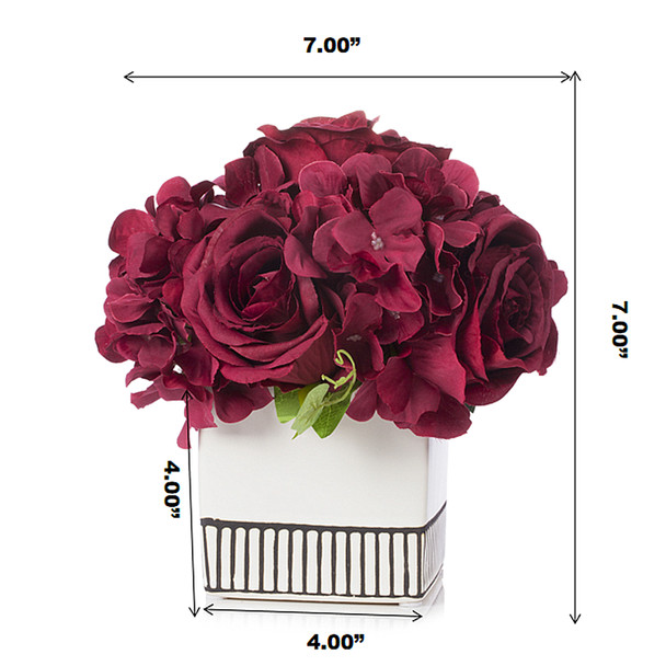  Mixed Silk Hydrangea and Rose Flower Arrangement in White Ceramic Pot(Burgundy)