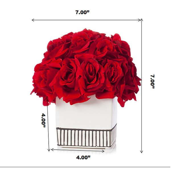 18 Heads Silk Rose Flower Arrangement in White Ceramic Pot(Red)