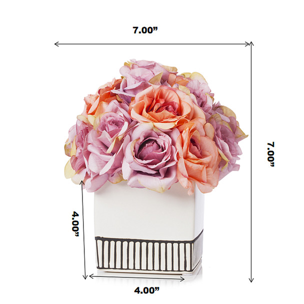 18 Heads Silk Rose Flower Arrangement in White Ceramic Pot(Purple Beige) 18 Heads Silk Rose Flower Arrangement in White Ceramic Pot(Purple Beige)