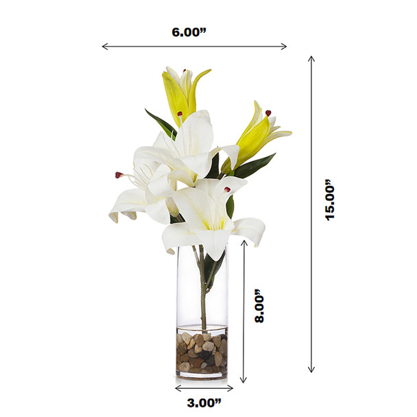 3 Large Heads Artificial Real Touch Lilies Flower Arrangement in Glass Vase With Faux Water and River Rock(Cream) 3 Large Heads Artificial Real Touch Lilies Flower Arrangement in Glass Vase With Faux Water and River Rock(Cream)