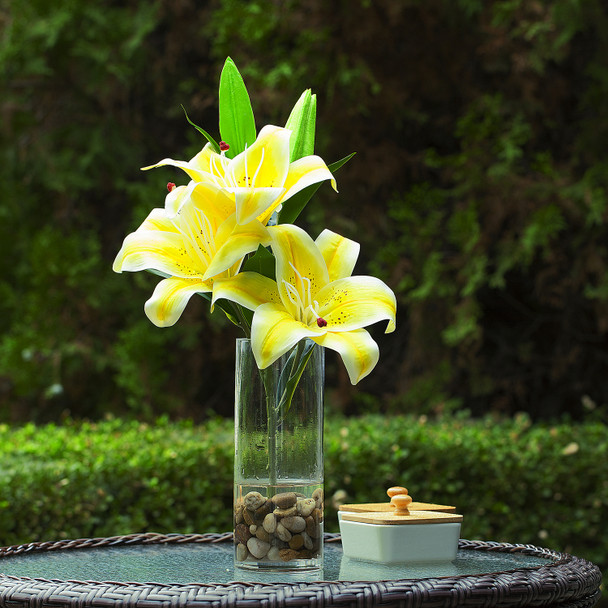 3 Large Heads Artificial Real Touch Lilies Flower Arrangement in  Glass Vase With Faux Water and River Rock(Yellow)
