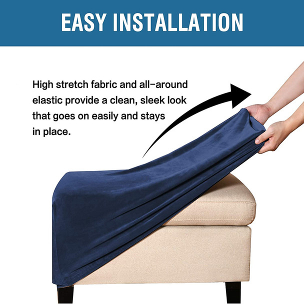 One Piece Large Removable Stretch Velvet Fabric Ottoman Slipcover with Elastic Bottom(Dark Blue)