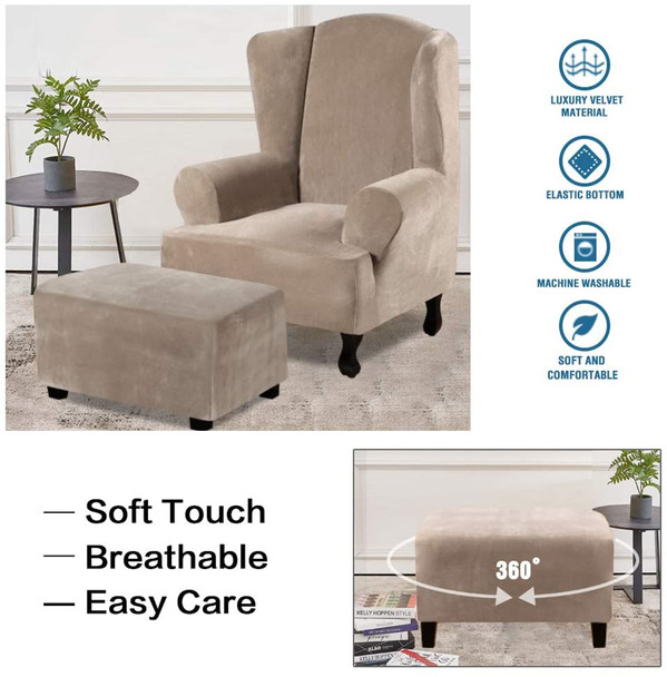 One Piece Large Removable Stretch Velvet Fabric Ottoman Slipcover with Elastic Bottom(Taupe)