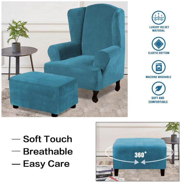 One Piece Extra Large Removable Stretch Velvet Fabric Ottoman Slipcover with Elastic Bottom(Peacock Blue)