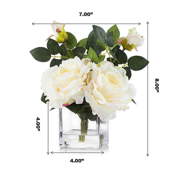 3 Large Silk Roses Flower Arrangement in Clear Glass Vase With Faux Water(Peach)