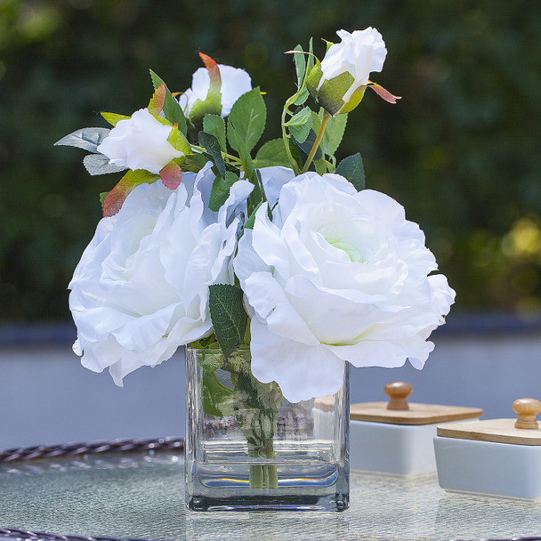 3 Large Silk Roses Flower Arrangement in Clear Glass Vase With Faux Water(White)