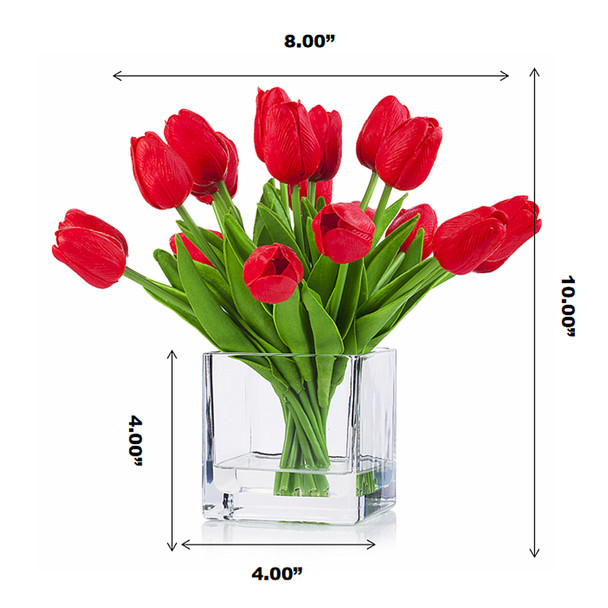 20 Pieces Artificial Real Touch Tulips Flower Arrangement in Cube Glass Vase With Faux Water(Red) 20 Pieces Artificial Real Touch Tulips Flower Arrangement in Cube Glass Vase With Faux Water(Red)