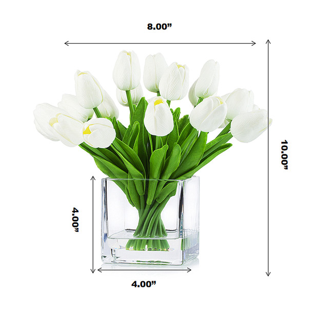 20 Pieces Artificial Real Touch Tulips Flower Arrangement in Cube Glass Vase With Faux Water(White) 20 Pieces Artificial Real Touch Tulips Flower Arrangement in Cube Glass Vase With Faux Water(White)