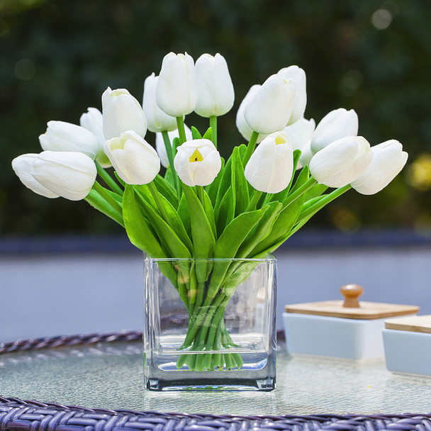 20 Pieces Artificial Real Touch Tulips Flower Arrangement in Cube Glass Vase With Faux Water(White) 20 Pieces Artificial Real Touch Tulips Flower Arrangement in Cube Glass Vase With Faux Water(White)