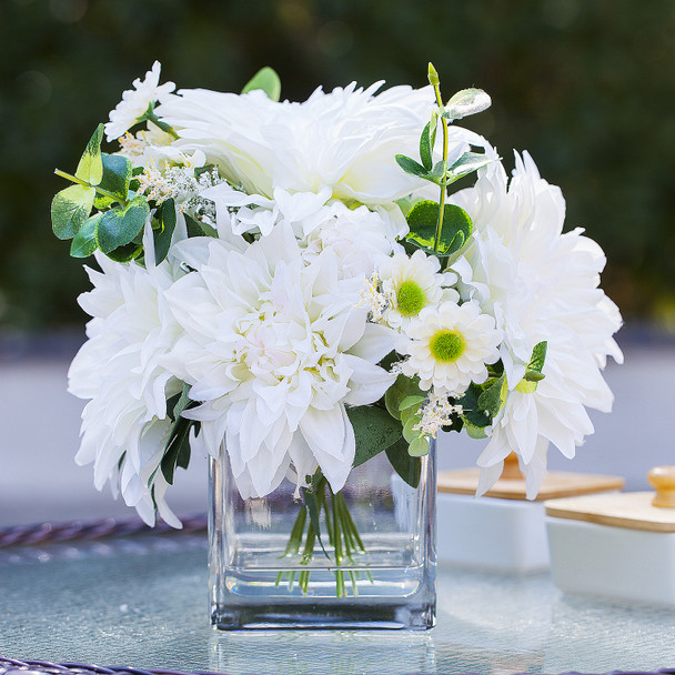 Mixed Artificial Dahlia Flower Arrangement in Cube Glass Vase With Faux Water(Cream)
