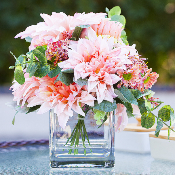  Mixed Artificial Dahlia Flower Arrangement in Cube Glass Vase With Faux Water(Pink)