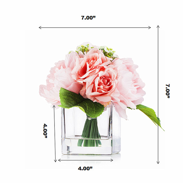 Mixed Artificial Roses Flower Arrangement in Cube Glass Vase With Faux Water(Pink)