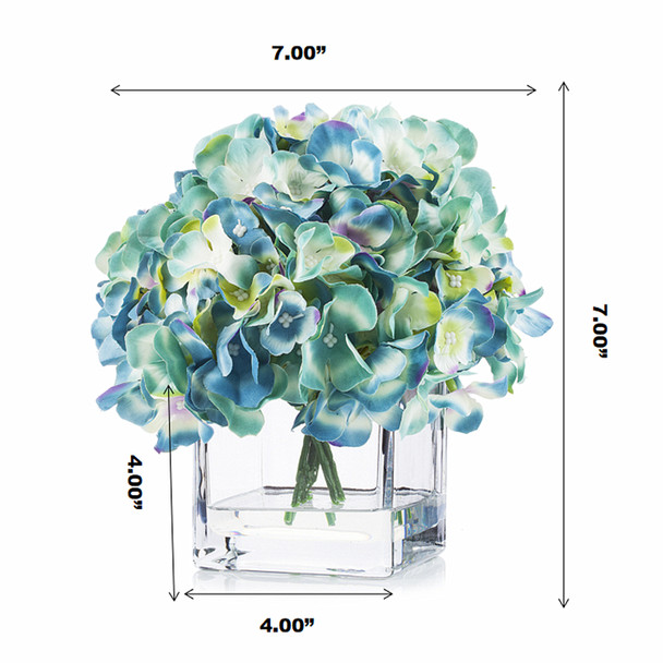  Artificial Silk Hydrangea Flower Arrangement in Cube Glass Vase With Faux Water(Aqua)