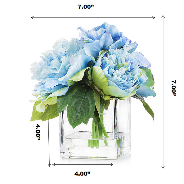 Mixed Artificial Rose Peony and Hydrangea Flower Arrangement in Cube Glass Vase With Faux Water(Blue) Mixed Artificial Rose Peony and Hydrangea Flower Arrangement in Cube Glass Vase With Faux Water(Blue)